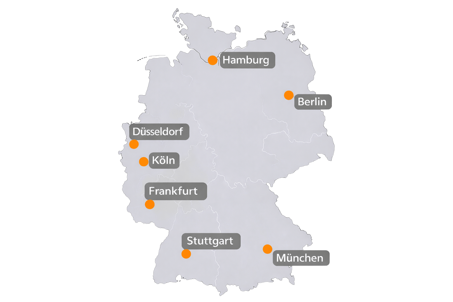 Deutschlandweite Eventpersonal-Verfügbarkeit Deutschlandkarte mit markierten Städten für Eventpersonal wie Berlin, Hamburg, München und Frankfurt